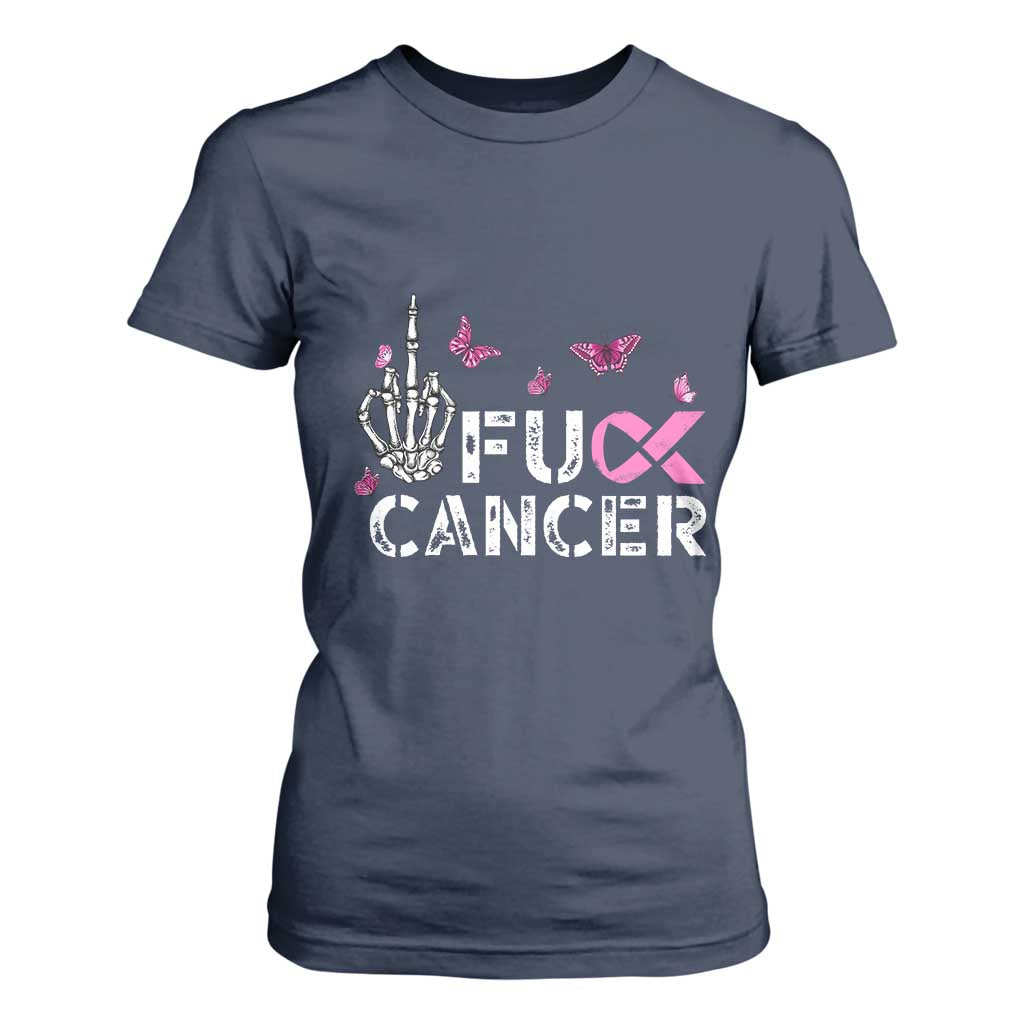 Breast Cancer Support T Shirt For Women Fuck Cancer Pink Ribbon Skeleton Hand Butterfly