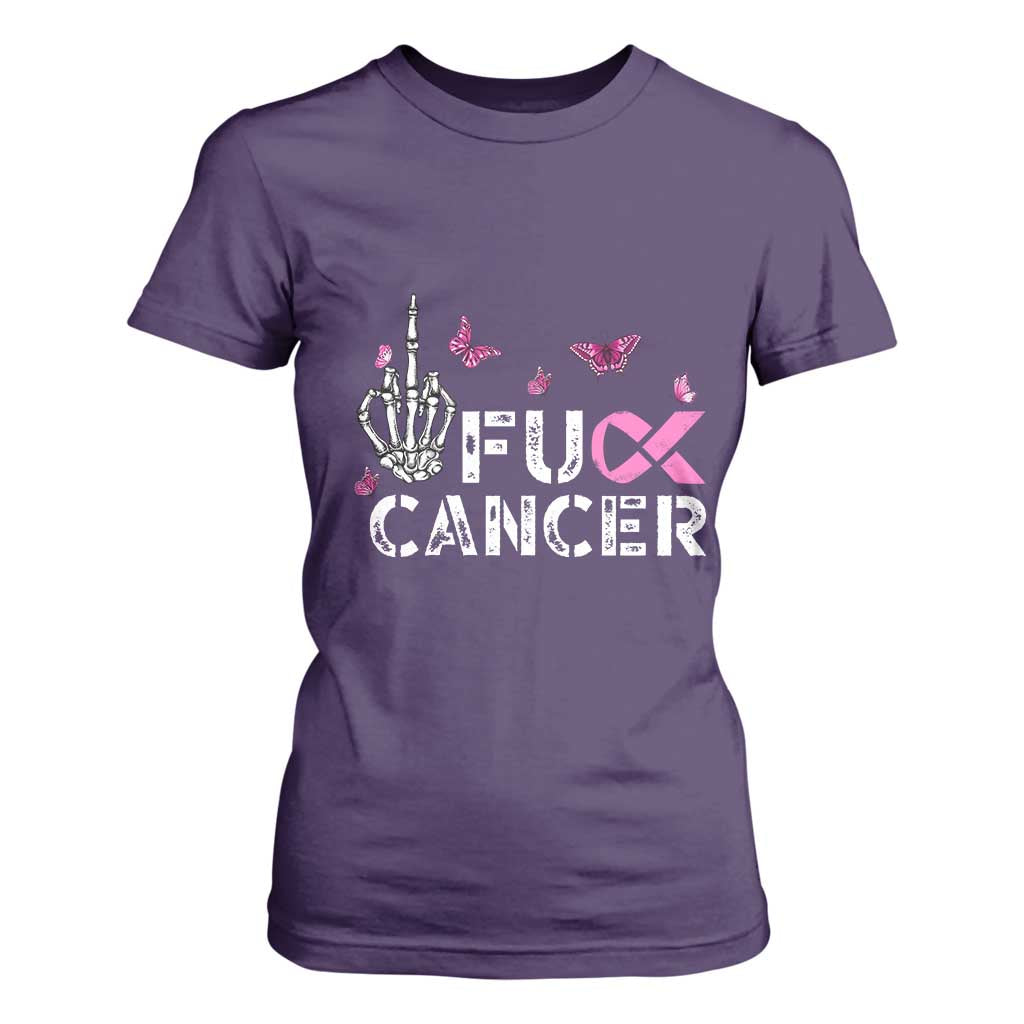 Breast Cancer Support T Shirt For Women Fuck Cancer Pink Ribbon Skeleton Hand Butterfly