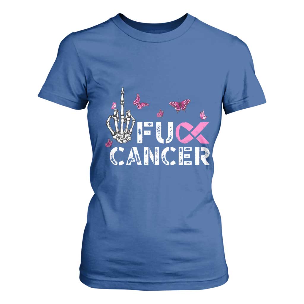 Breast Cancer Support T Shirt For Women Fuck Cancer Pink Ribbon Skeleton Hand Butterfly