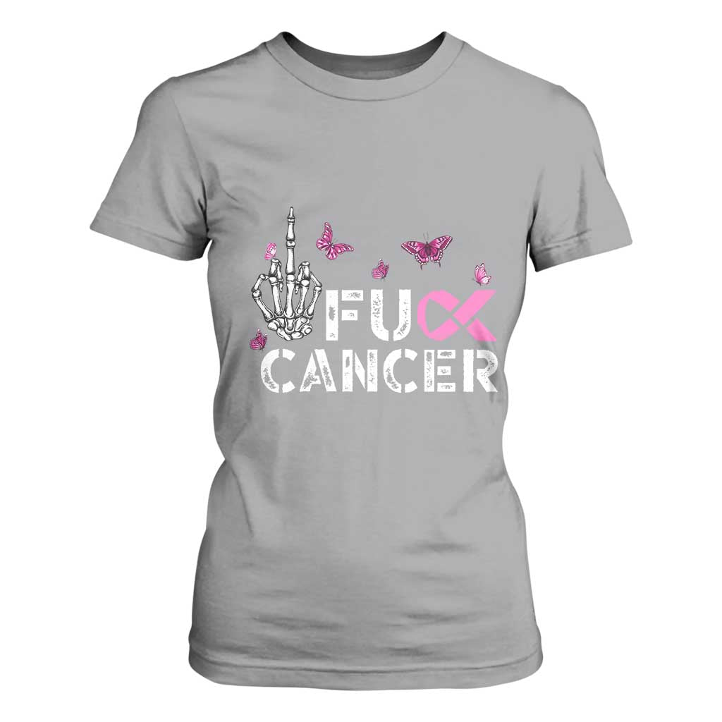 Breast Cancer Support T Shirt For Women Fuck Cancer Pink Ribbon Skeleton Hand Butterfly