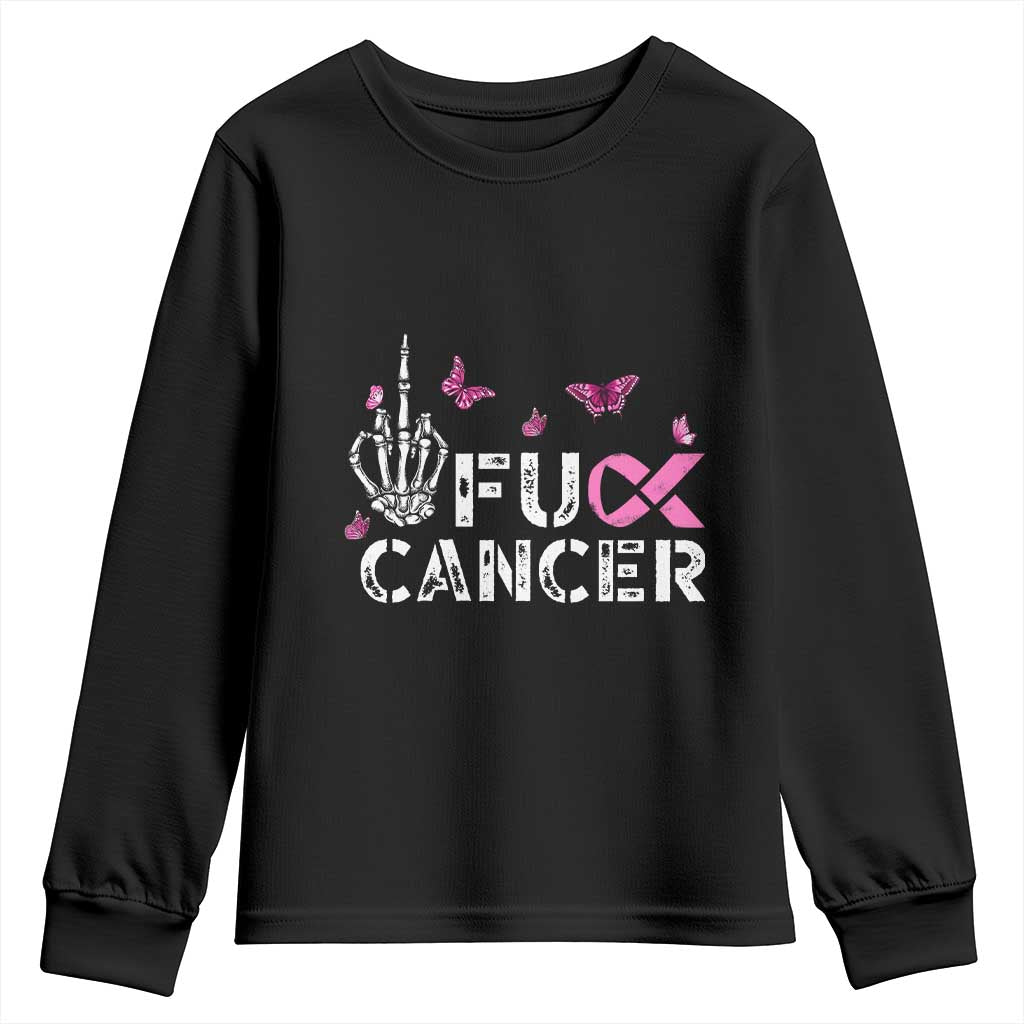 Breast Cancer Support Youth Sweatshirt Fuck Cancer Pink Ribbon Skeleton Hand Butterfly