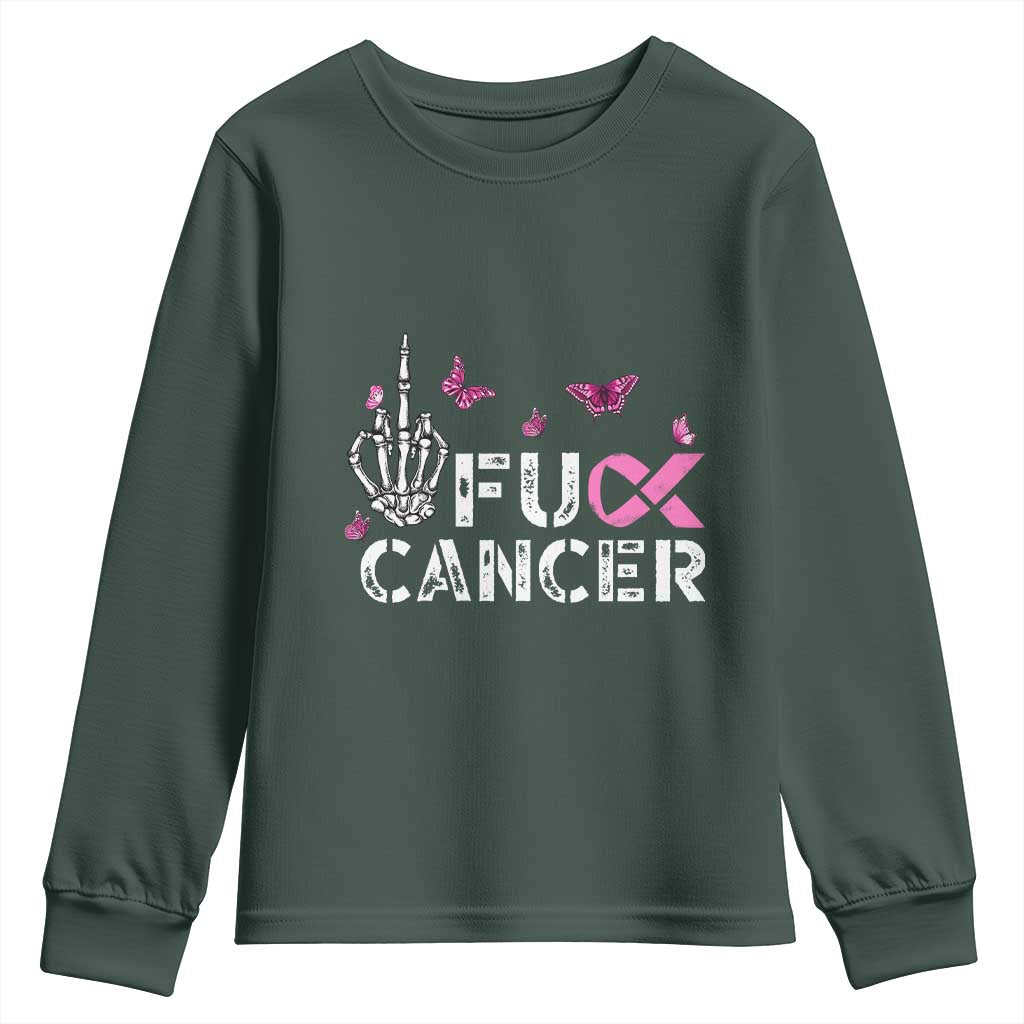 Breast Cancer Support Youth Sweatshirt Fuck Cancer Pink Ribbon Skeleton Hand Butterfly