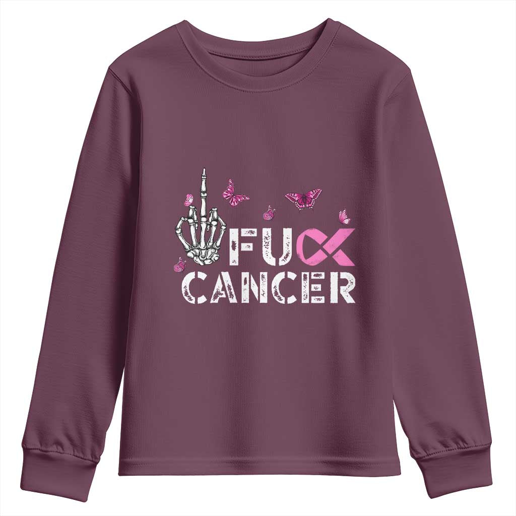 Breast Cancer Support Youth Sweatshirt Fuck Cancer Pink Ribbon Skeleton Hand Butterfly