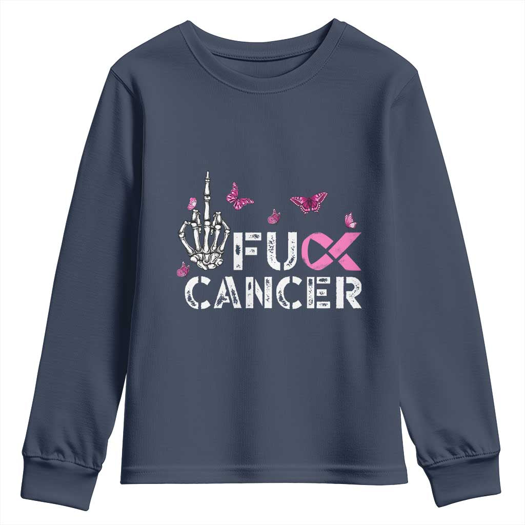 Breast Cancer Support Youth Sweatshirt Fuck Cancer Pink Ribbon Skeleton Hand Butterfly