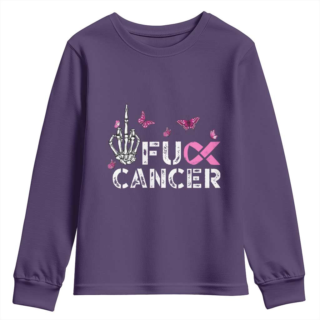 Breast Cancer Support Youth Sweatshirt Fuck Cancer Pink Ribbon Skeleton Hand Butterfly