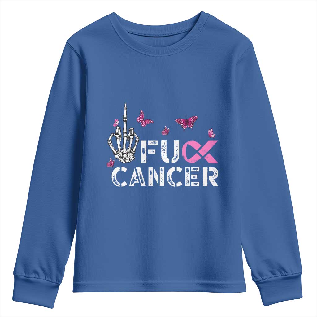 Breast Cancer Support Youth Sweatshirt Fuck Cancer Pink Ribbon Skeleton Hand Butterfly