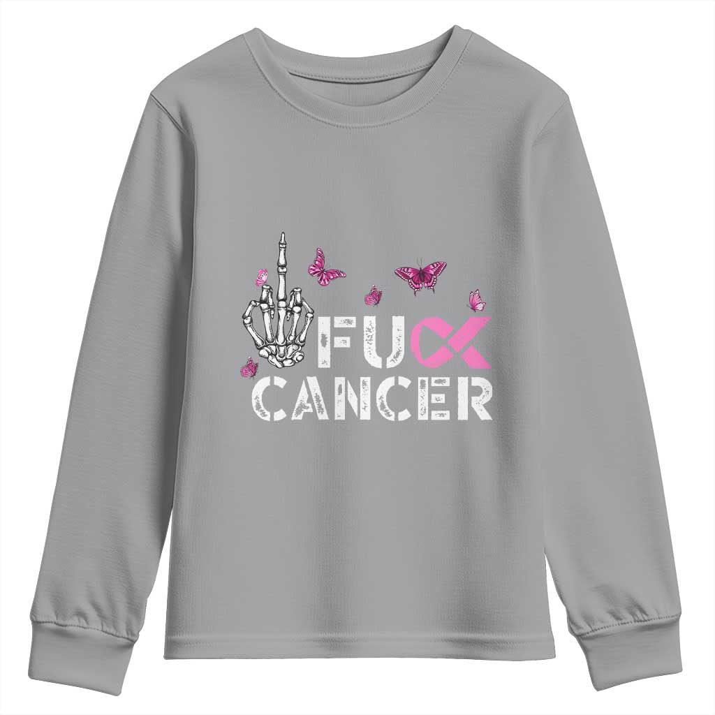 Breast Cancer Support Youth Sweatshirt Fuck Cancer Pink Ribbon Skeleton Hand Butterfly