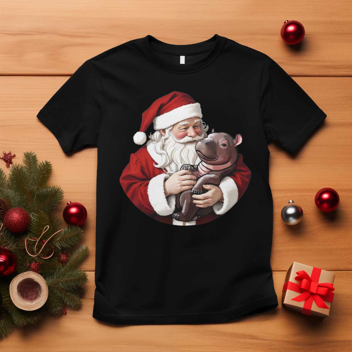 funny-moo-deng-christmas-t-shirt-santa-cute-hippo-zoo-meme-baby-pygmy
