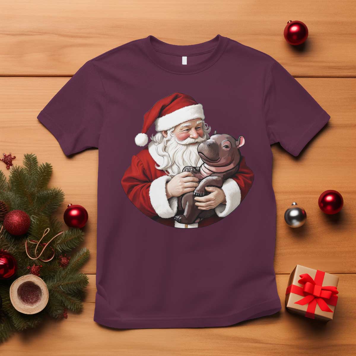 funny-moo-deng-christmas-t-shirt-santa-cute-hippo-zoo-meme-baby-pygmy