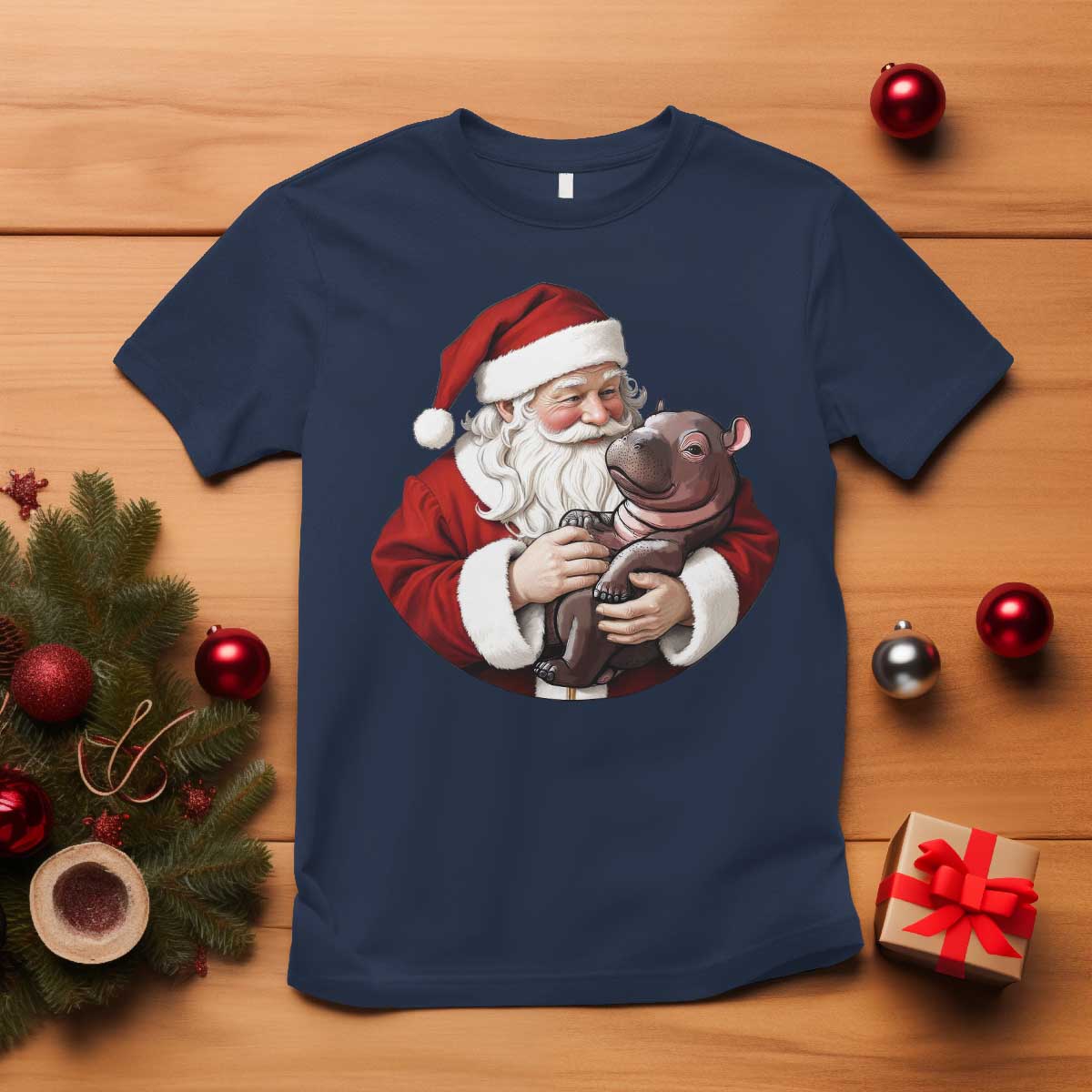funny-moo-deng-christmas-t-shirt-santa-cute-hippo-zoo-meme-baby-pygmy