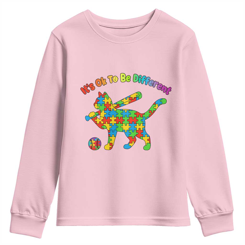 Autism Acceptance Baseball Cat Youth Sweatshirt It Is Ok To Be Different
