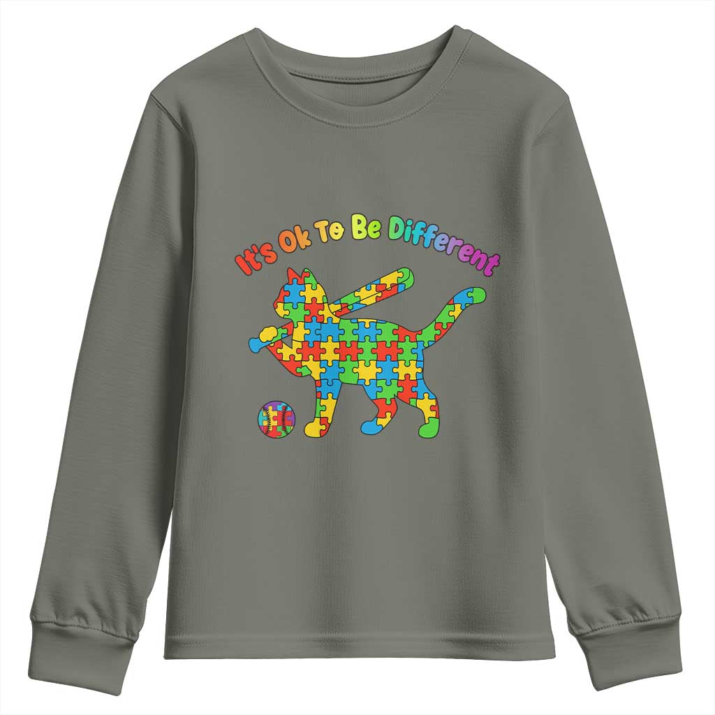 Autism Acceptance Baseball Cat Youth Sweatshirt It Is Ok To Be Different