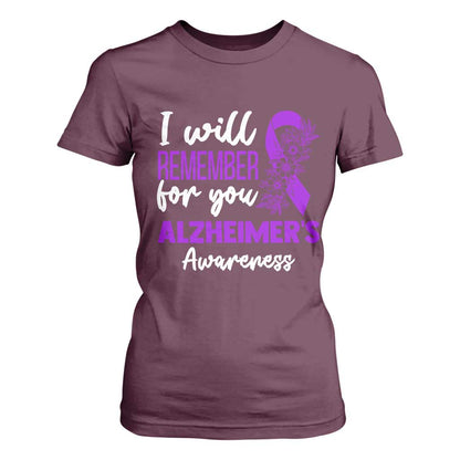 Alzheimers Caregiver Support Purple Ribbon T Shirt For Women I Will Remember For You