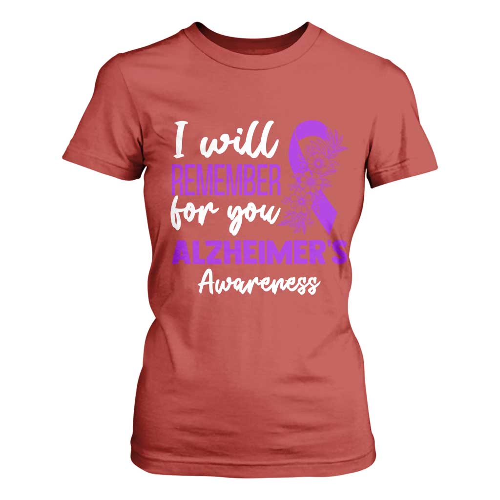 Alzheimers Caregiver Support Purple Ribbon T Shirt For Women I Will Remember For You