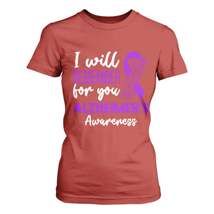 Alzheimers Caregiver Support Purple Ribbon T Shirt For Women I Will Remember For You
