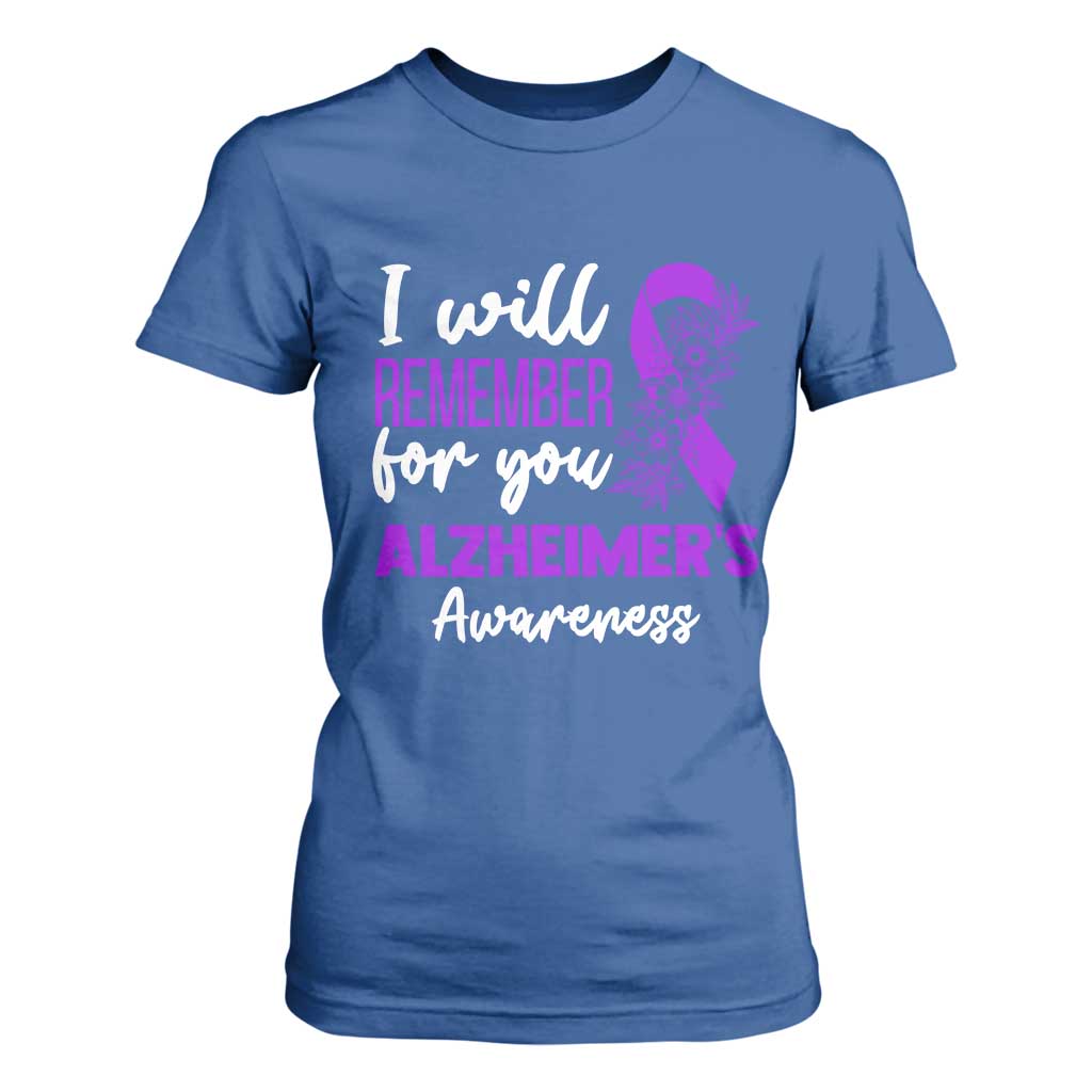 Alzheimers Caregiver Support Purple Ribbon T Shirt For Women I Will Remember For You