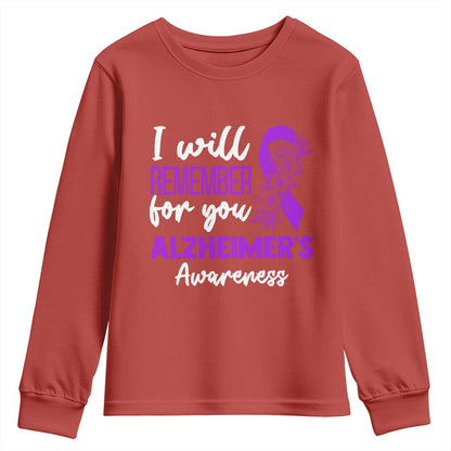 Alzheimers Caregiver Support Purple Ribbon Youth Sweatshirt I Will Remember For You