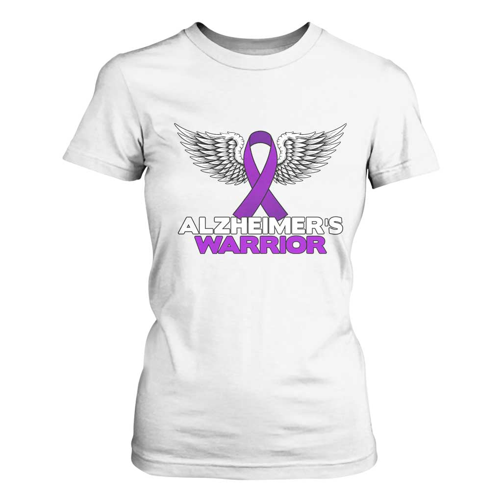 Alzheimers Warrior T Shirt For Women Purple Ribbon Angel Wings Memory Support Gift