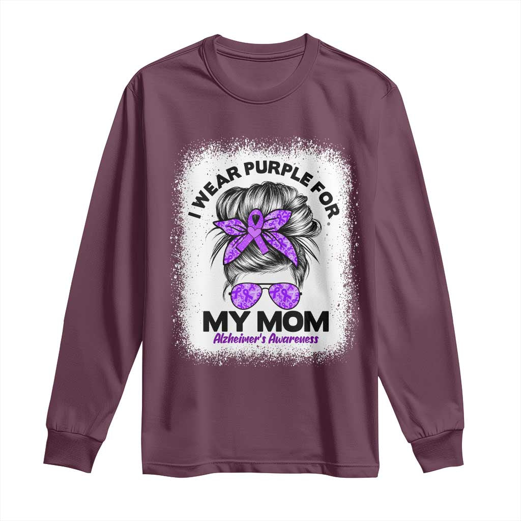 I Wear Purple For My Mom Long Sleeve Shirt Alzheimers Support And Hope Messy Bun Graphic