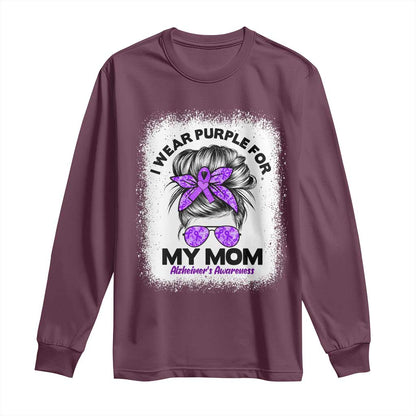 I Wear Purple For My Mom Long Sleeve Shirt Alzheimers Support And Hope Messy Bun Graphic