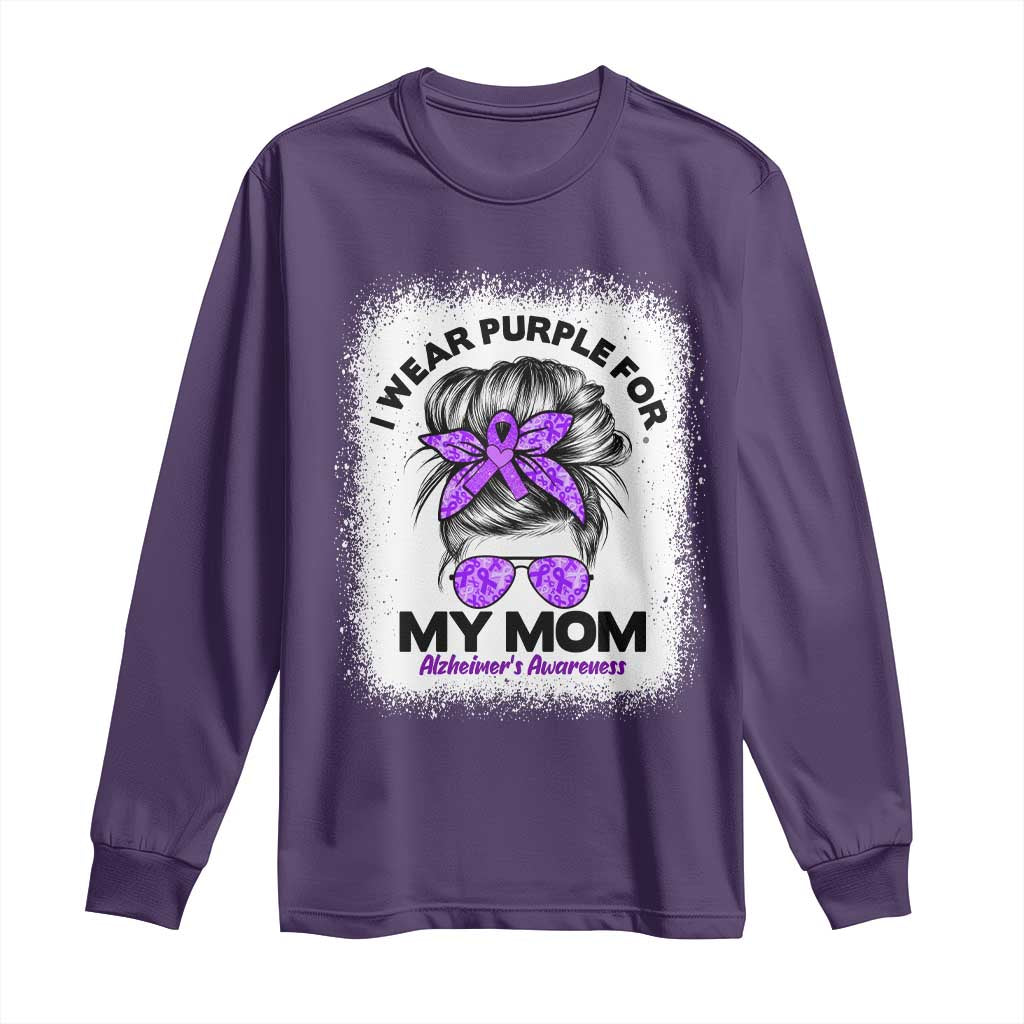 I Wear Purple For My Mom Long Sleeve Shirt Alzheimers Support And Hope Messy Bun Graphic