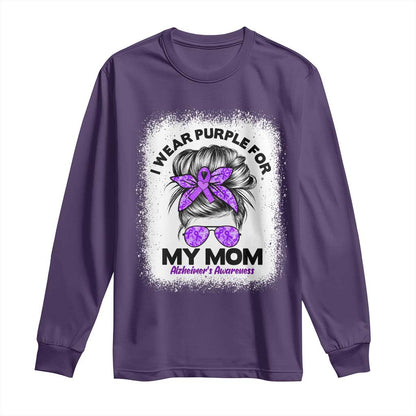 I Wear Purple For My Mom Long Sleeve Shirt Alzheimers Support And Hope Messy Bun Graphic