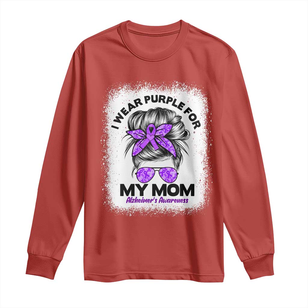 I Wear Purple For My Mom Long Sleeve Shirt Alzheimers Support And Hope Messy Bun Graphic