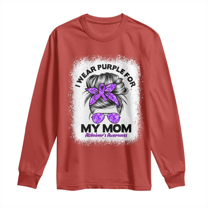 I Wear Purple For My Mom Long Sleeve Shirt Alzheimers Support And Hope Messy Bun Graphic
