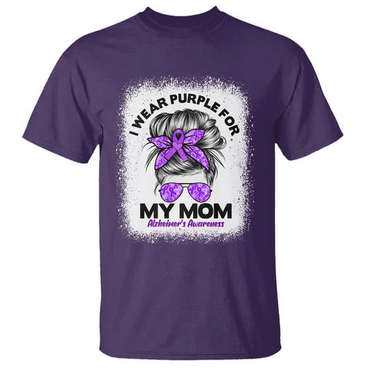 I Wear Purple For My Mom T Shirt Alzheimers Support And Hope Messy Bun Graphic