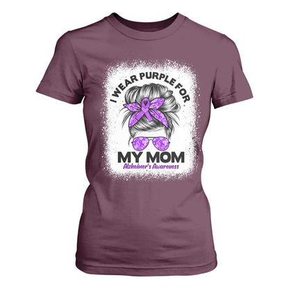 I Wear Purple For My Mom T Shirt For Women Alzheimers Support And Hope Messy Bun Graphic