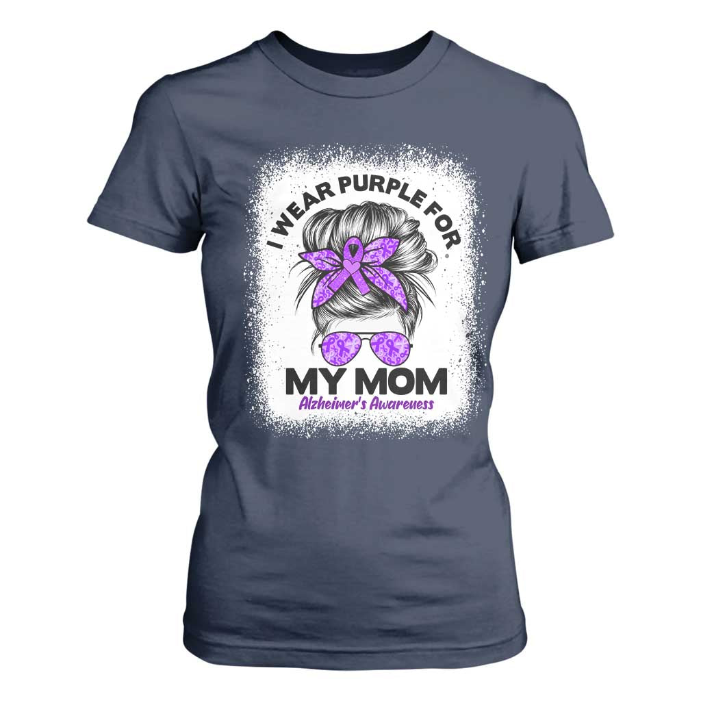 I Wear Purple For My Mom T Shirt For Women Alzheimers Support And Hope Messy Bun Graphic