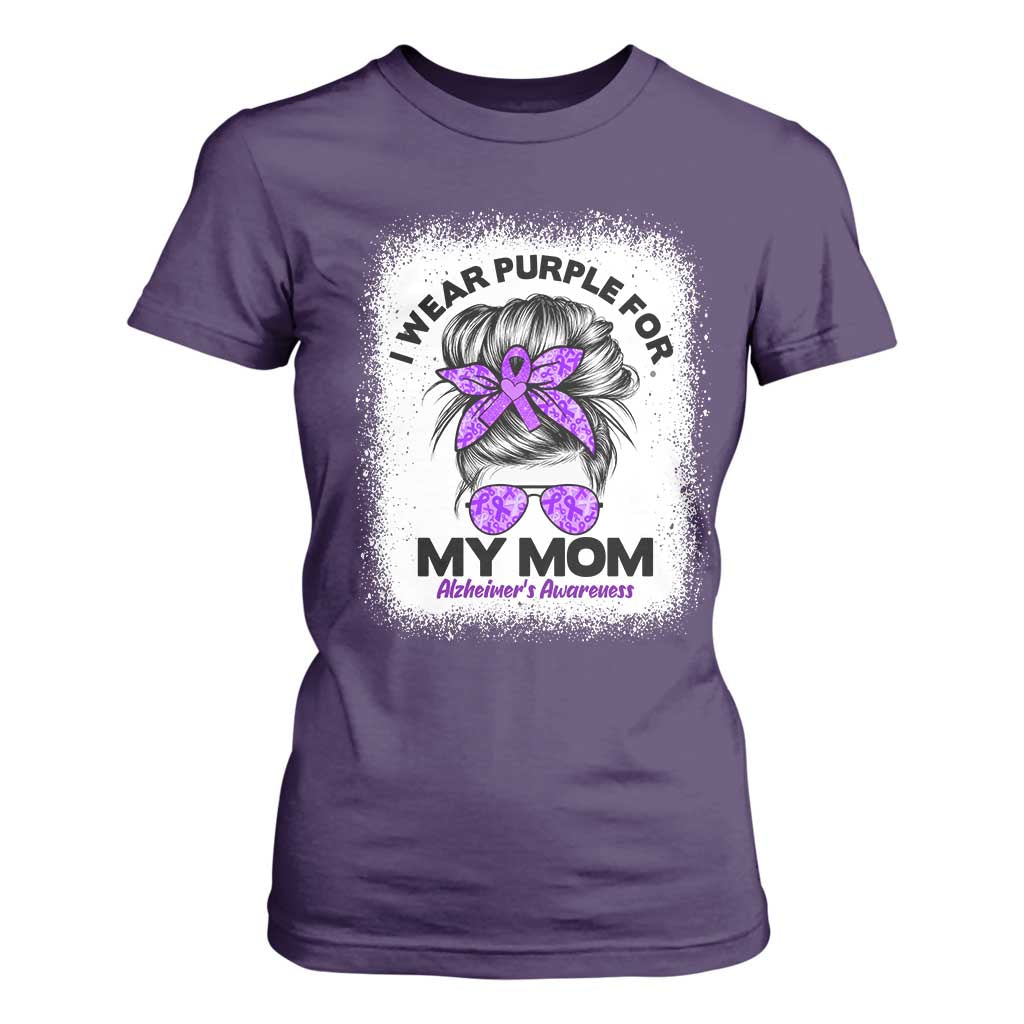 I Wear Purple For My Mom T Shirt For Women Alzheimers Support And Hope Messy Bun Graphic