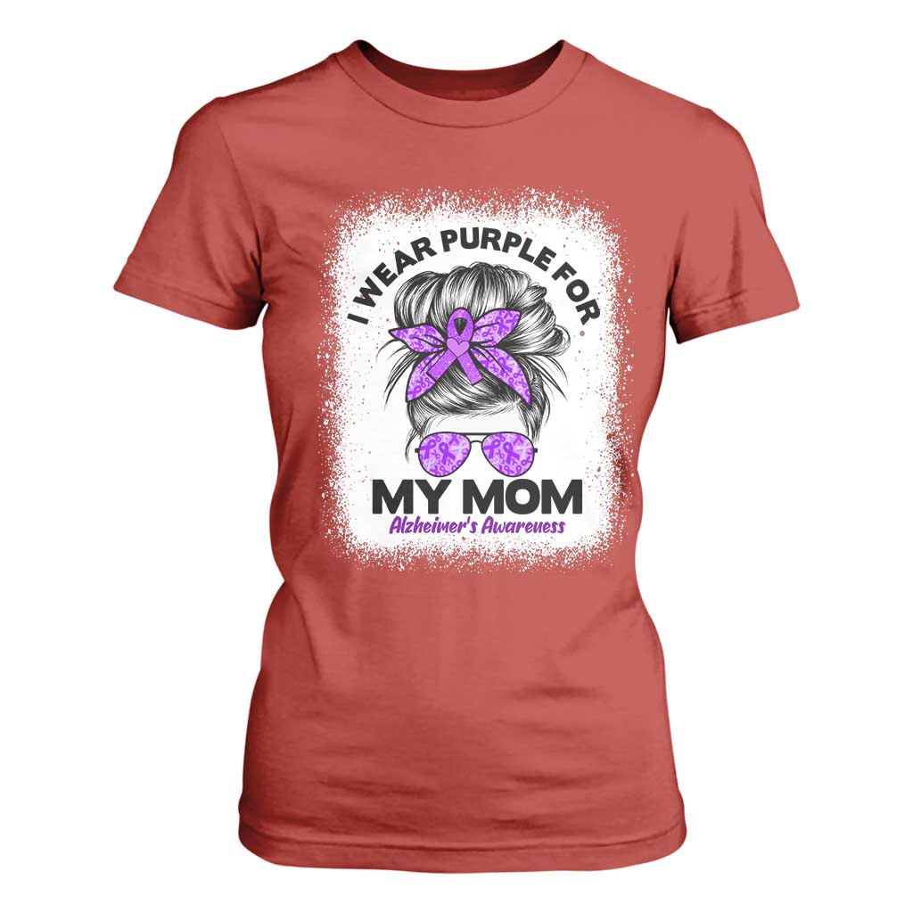 I Wear Purple For My Mom T Shirt For Women Alzheimers Support And Hope Messy Bun Graphic