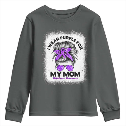 I Wear Purple For My Mom Youth Sweatshirt Alzheimers Support And Hope Messy Bun Graphic