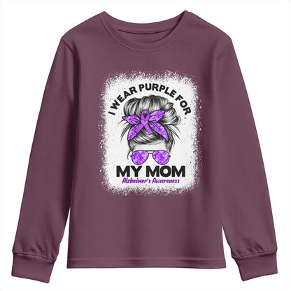 I Wear Purple For My Mom Youth Sweatshirt Alzheimers Support And Hope Messy Bun Graphic