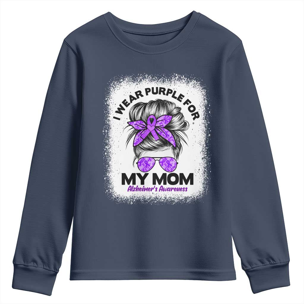 I Wear Purple For My Mom Youth Sweatshirt Alzheimers Support And Hope Messy Bun Graphic