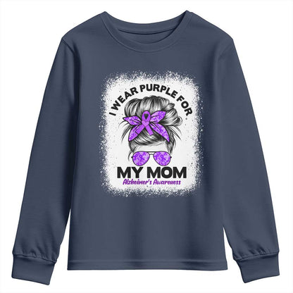 I Wear Purple For My Mom Youth Sweatshirt Alzheimers Support And Hope Messy Bun Graphic