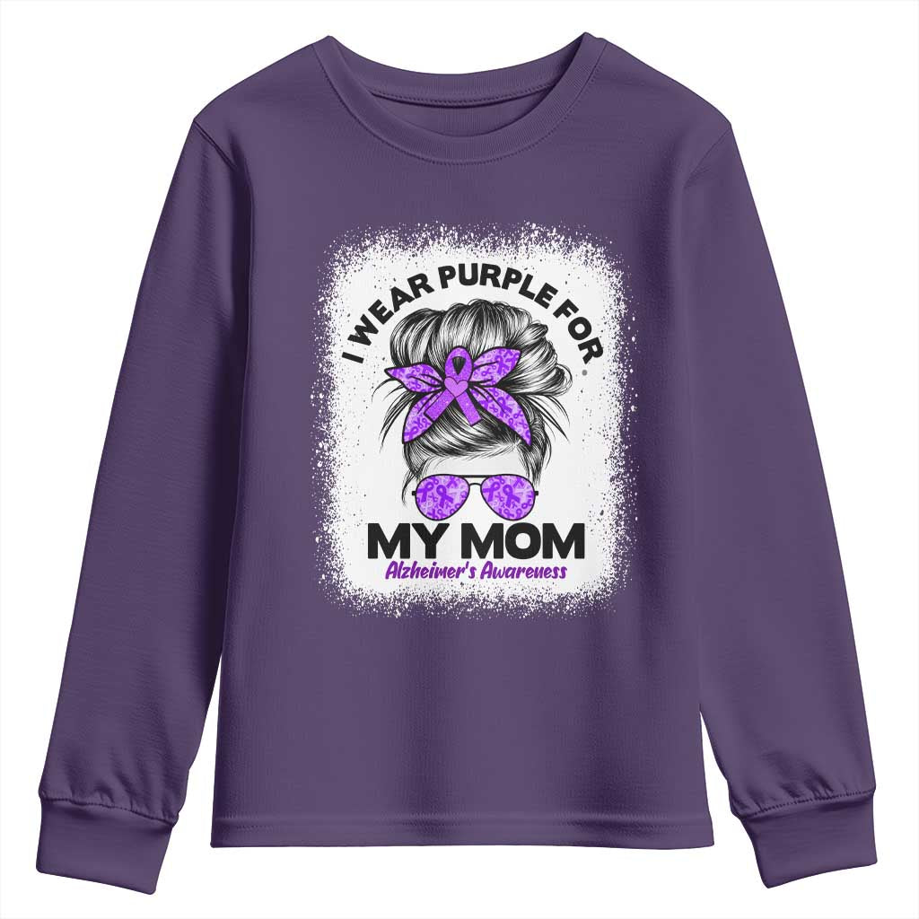 I Wear Purple For My Mom Youth Sweatshirt Alzheimers Support And Hope Messy Bun Graphic