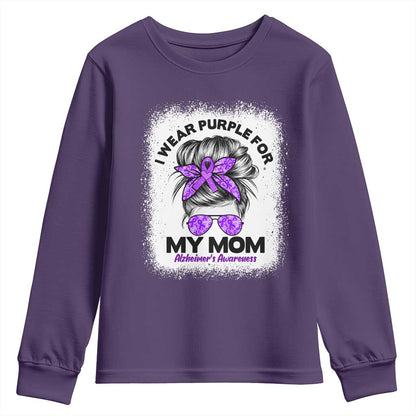 I Wear Purple For My Mom Youth Sweatshirt Alzheimers Support And Hope Messy Bun Graphic