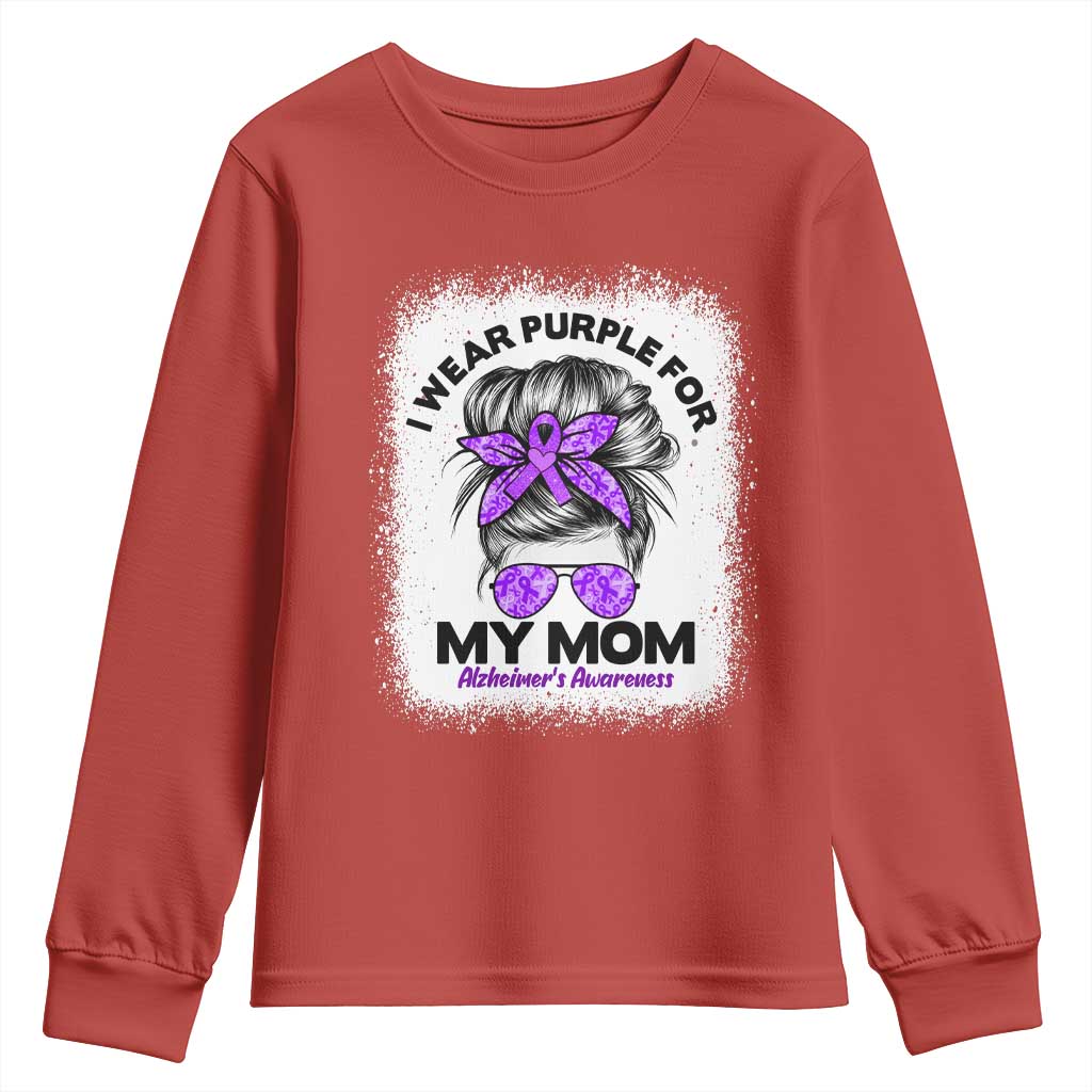 I Wear Purple For My Mom Youth Sweatshirt Alzheimers Support And Hope Messy Bun Graphic