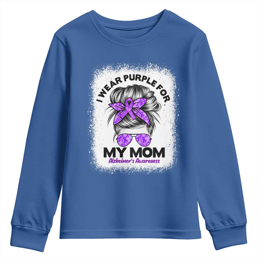 I Wear Purple For My Mom Youth Sweatshirt Alzheimers Support And Hope Messy Bun Graphic