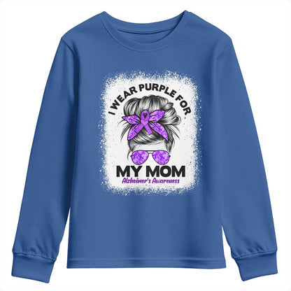 I Wear Purple For My Mom Youth Sweatshirt Alzheimers Support And Hope Messy Bun Graphic