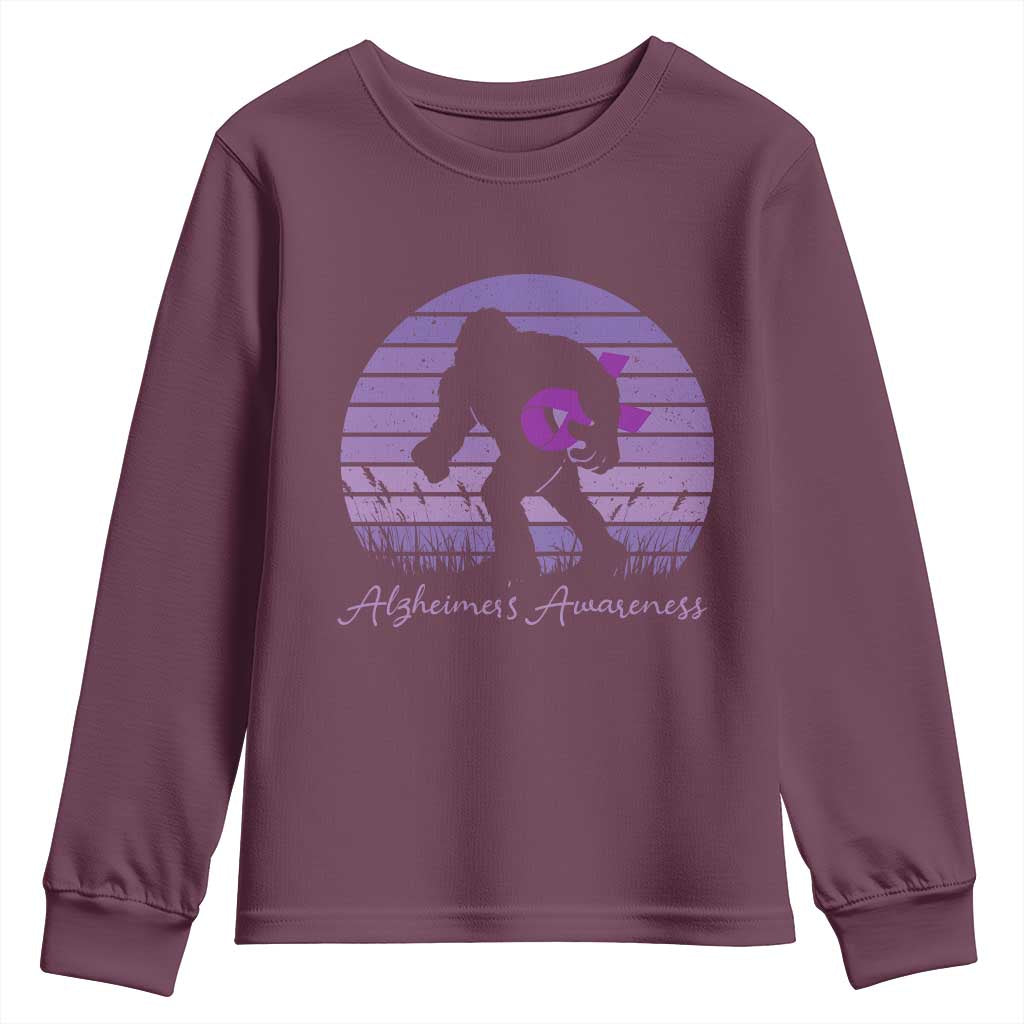 Vintage Bigfoot Alzheimers Support Youth Sweatshirt Purple Ribbon Support Graphic