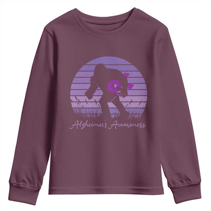 Vintage Bigfoot Alzheimers Support Youth Sweatshirt Purple Ribbon Support Graphic
