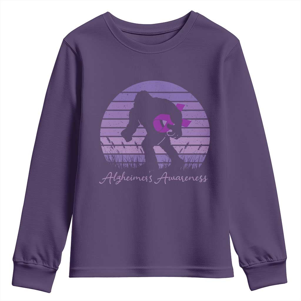 Vintage Bigfoot Alzheimers Support Youth Sweatshirt Purple Ribbon Support Graphic