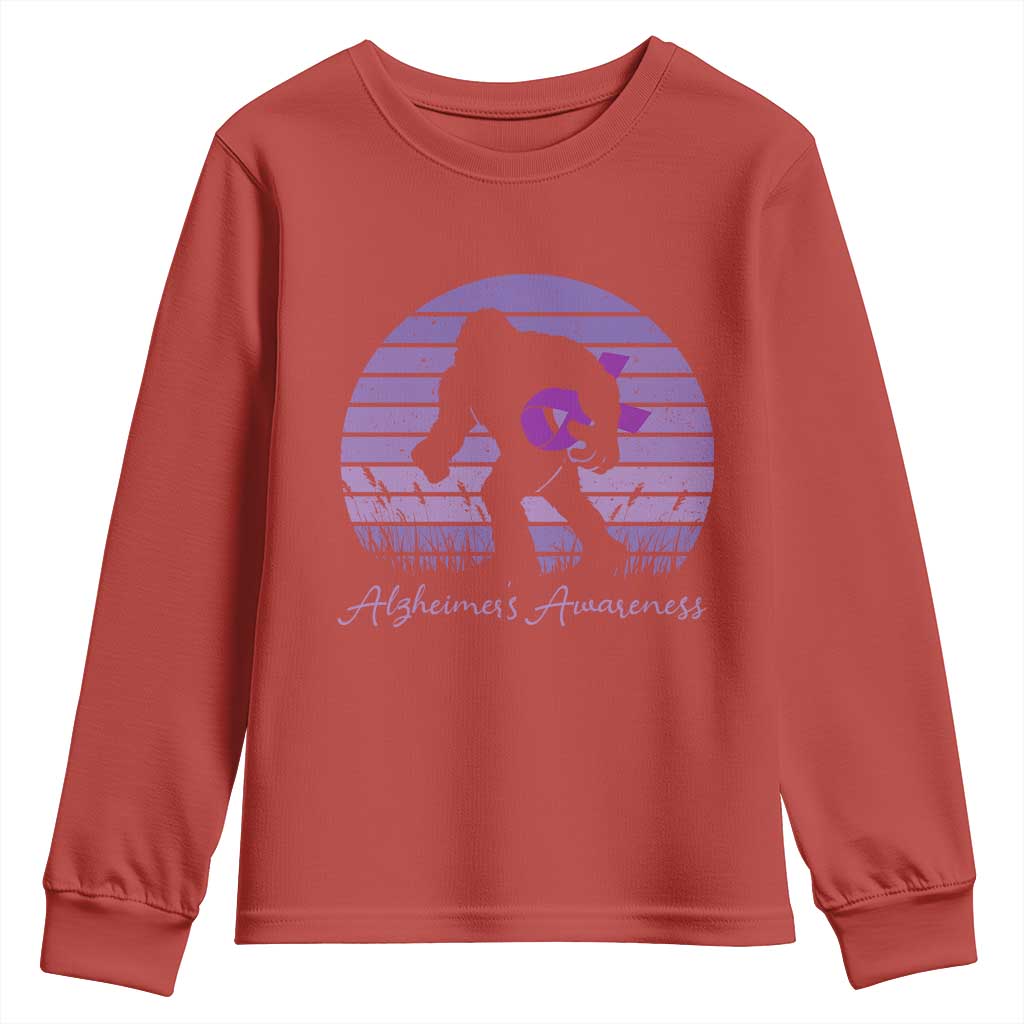 Vintage Bigfoot Alzheimers Support Youth Sweatshirt Purple Ribbon Support Graphic