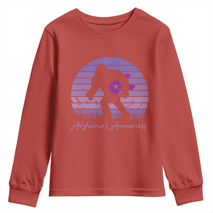 Vintage Bigfoot Alzheimers Support Youth Sweatshirt Purple Ribbon Support Graphic