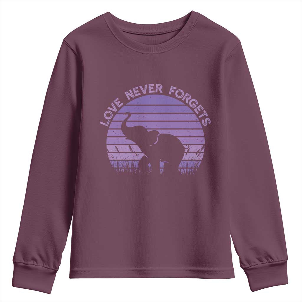 Alzheimer's Support And Hope Youth Sweatshirt Vintage Elephant Love Never Forgets