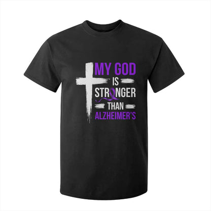 My God Is Stronger Than Alzheimers T Shirt For Kid Christian Purple Ribbon Faith Support