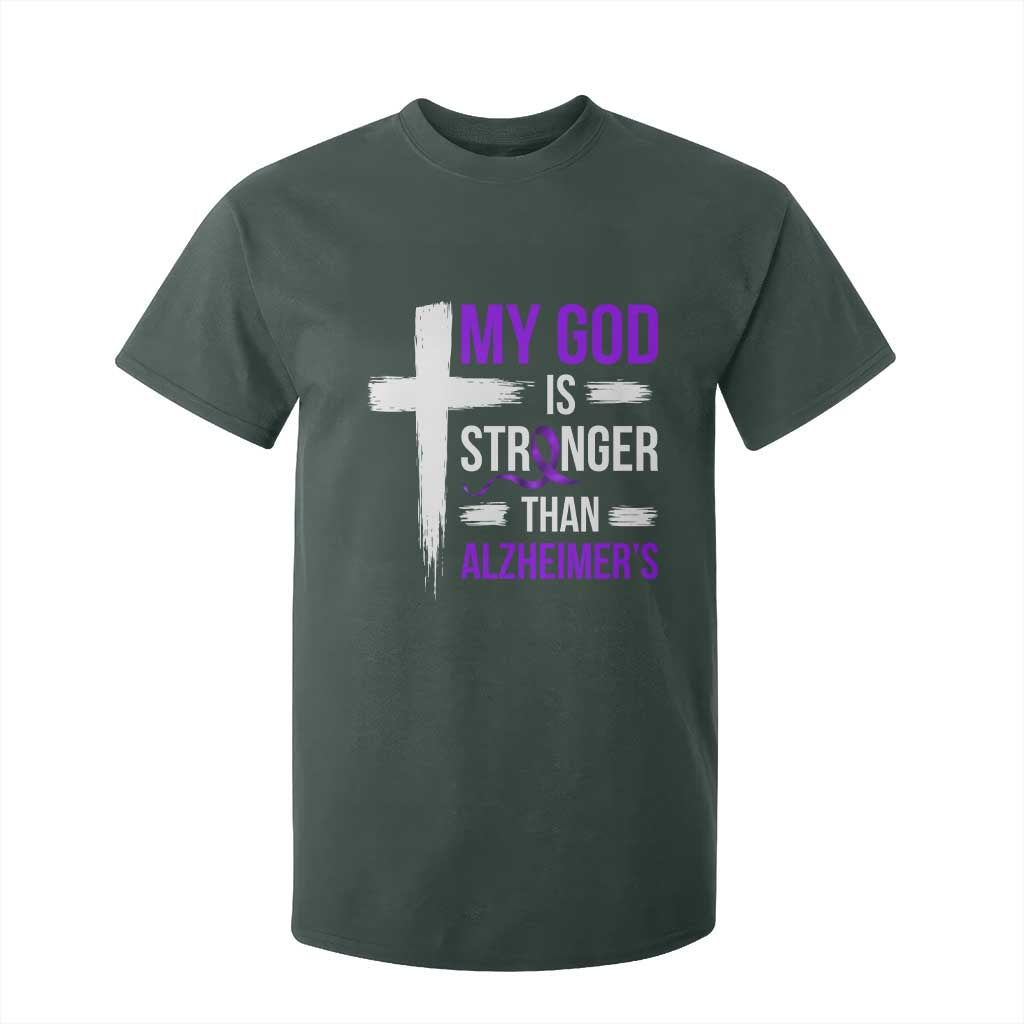 My God Is Stronger Than Alzheimers T Shirt For Kid Christian Purple Ribbon Faith Support